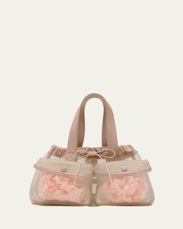 Mini Sheer Stuffed Carnation Drawstring Top-Handle Bag